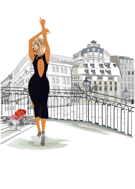 illustrazioni stock, clip art, cartoni animati e icone di tendenza di bella donna nel suo vestitino nero a parigi. sfondo architettonico con edifici storici e persone. - town of blossom