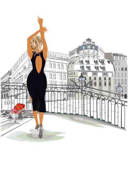 Vector illustration of Beautiful woman in her little black dress in Paris. Architectural background with historic buildings and people.