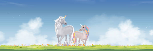 istock Unicorn standing on spring green grass field with fluffy cloud and blue sky background,Vector Cute cartoon Wonderland landscape in morning with fairy family horse walking on meadow in Springtime 1405446330