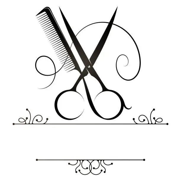 Vector illustration of Scissors and comb with pattern and frame. Design for hair stylist and beauty salon