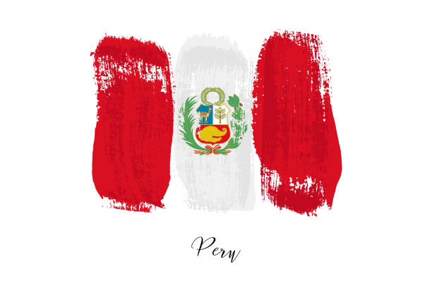 Flag of Peru with grunge texture, abstract paint brush stroke Peruvian national symbol Flag of Peru with grunge texture vector illustration. Abstract paint brush stroke Peruvian national symbol, official ensign in white and red colors and shield emblem of country, patriotism and nation peru symbols stock illustrations