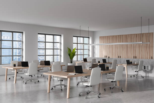 istock Workplace interior with computer and armchair, panoramic window on city view 1405448603