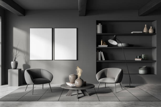 istock Lounge room interior with two seats and coffee table. Shelf and mockup frames 1405449453