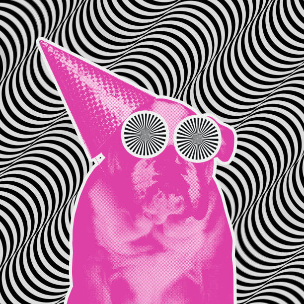 Crazy world. Contemporary art collage with dog silhouette like zombie isolated on optical illusion pattern background. Concept of creativity, art, imagination, animal. Magazine style, poster graphics