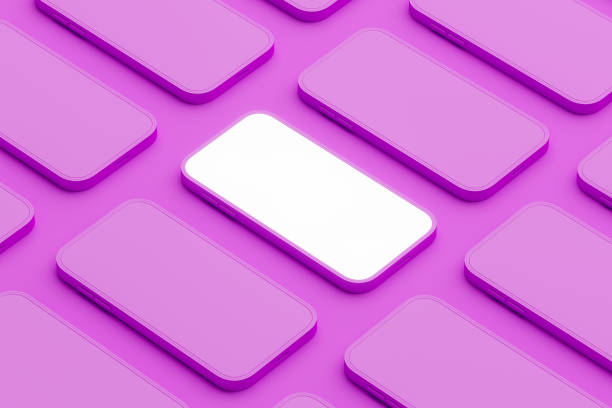 istock Mobile phone in row on violet background, mockup empty screen 1405449719