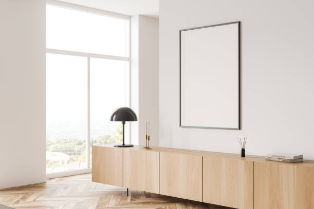 istock Light exhibition room interior with drawer and decoration, mockup frame 1405449726