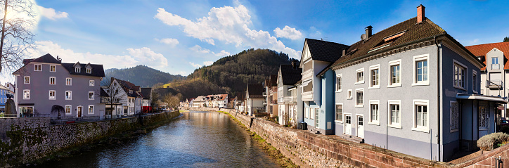 Cityscape with river Kinzig in Wolfach, Ordenaukreis, Black Forest, Germany