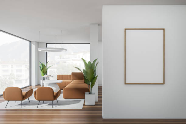 istock Front view on bright living room interior with white poster 1405450197
