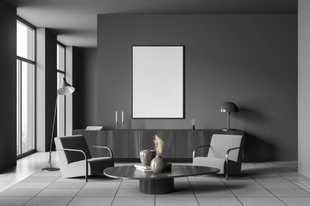istock Relax space interior with two seats and window, drawer and mockup frame 1405450223