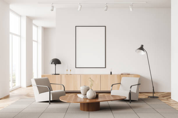 istock Lounge interior with two chairs and window, drawer and mockup frame 1405450286