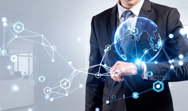 istock Businessman using smart watch, connection and digital lines, business network 1405450308