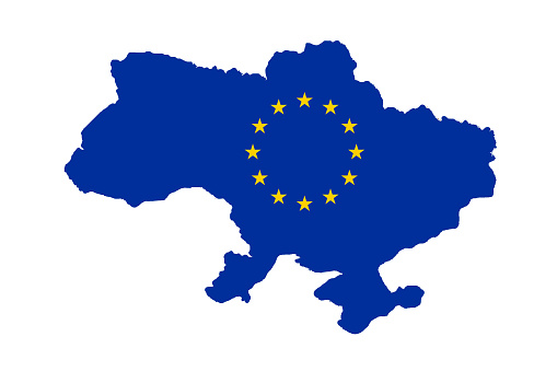 Defocus European union and Ukraine. Support and help Ukraine, Independence Constitution Day, National holiday. Banner. Union. Shape Ukraine isolated. Out of focus.
