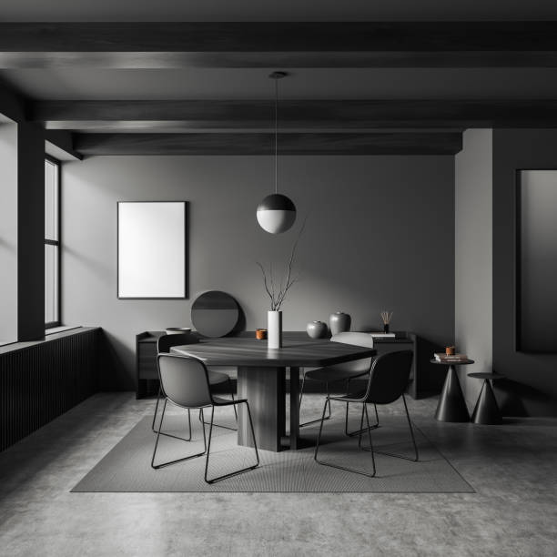 istock Grey dining room interior with seats and table, window and mockup poster 1405451416