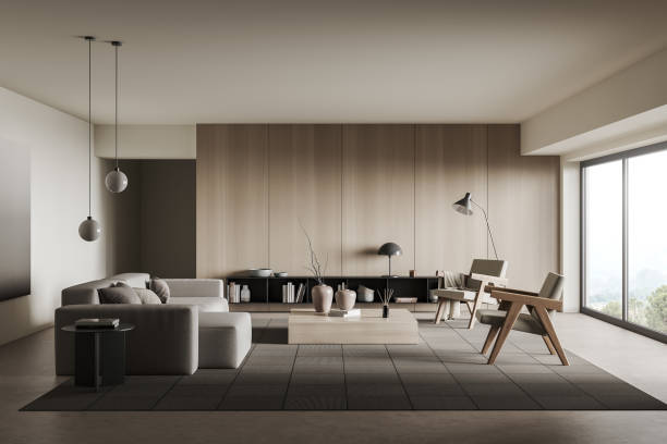 istock Living room interior with chair and couch, shelf and panoramic window 1405452590