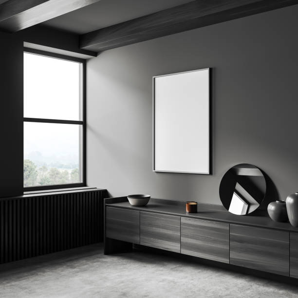 istock Grey living room interior with shelf and decoration, mockup frame 1405452756
