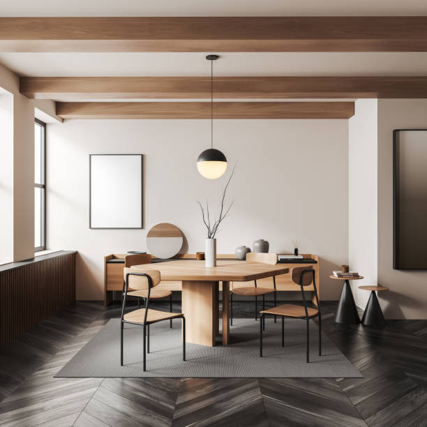 istock Light dining room interior with seats and table, window and mockup poster 1405453157