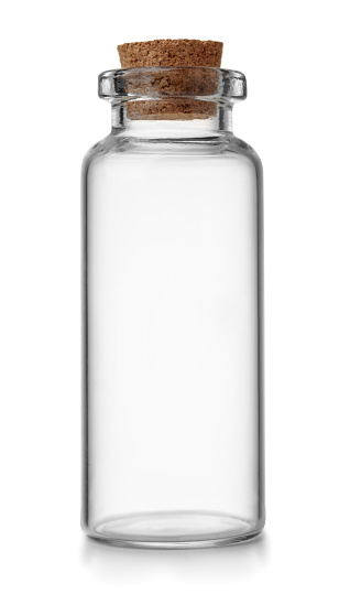 Front view of small empty glass vial with cork isolated on white