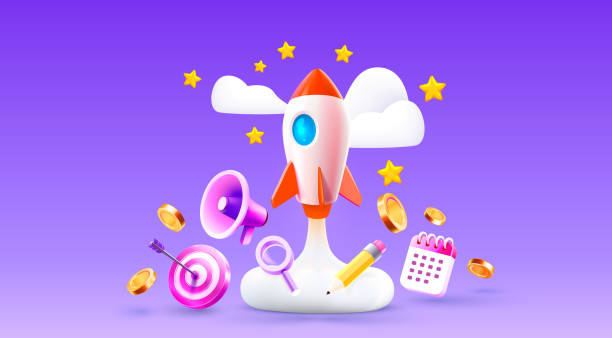 ilustrações de stock, clip art, desenhos animados e ícones de rocket space startup, creative idea cover, management icons, vector - space backgrounds star sky