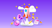 istock Rocket space startup, creative idea cover, management icons, Vector 1405455892