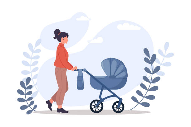 illustrazioni stock, clip art, cartoni animati e icone di tendenza di giovane donna che cammina con il passeggino nel parco - carrozzina