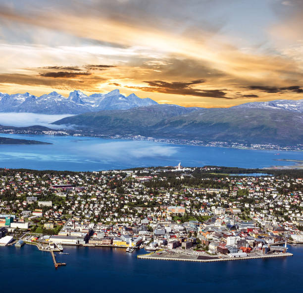 Norwegian city Tromso, panoramic sunset sea view from mountain