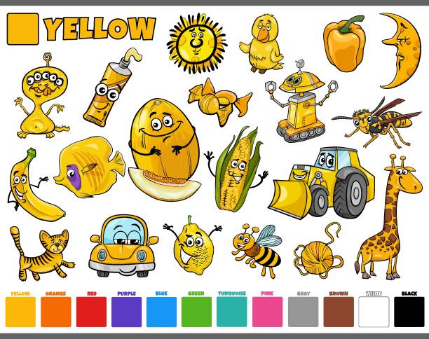 Set With Cartoon Characters And Objects In Yellow Stock Illustration -  Download Image Now - Car, Illustration, Lemon - Fruit - iStock