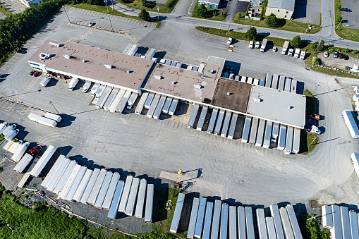 A wide angle aerial view of an industrial park.