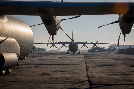 Military aircraft fill Kabul Aiport, Afghanistan