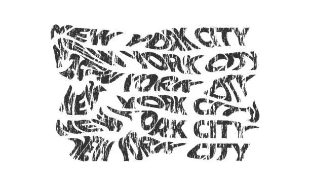 Vector illustration of New York City typography text or slogan. Wavy letters with grunge, rough texture. T-shirt graphic with ripple or glitch effect. Abstract print, banner, poster, emblem design. Vector illustration.