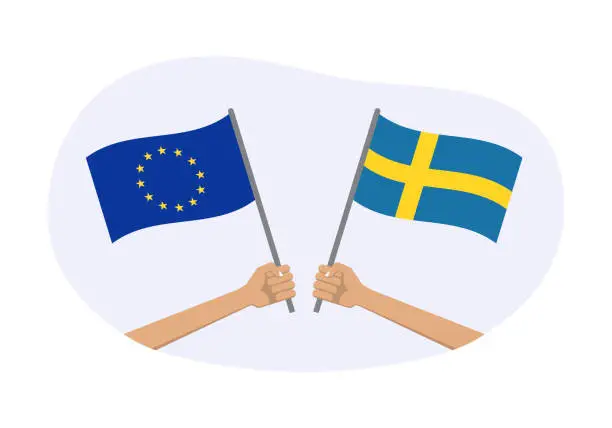 Vector illustration of EU and Sweden flags. Swedish and European Union symbols. Hand holding waving flag. Vector illustration.