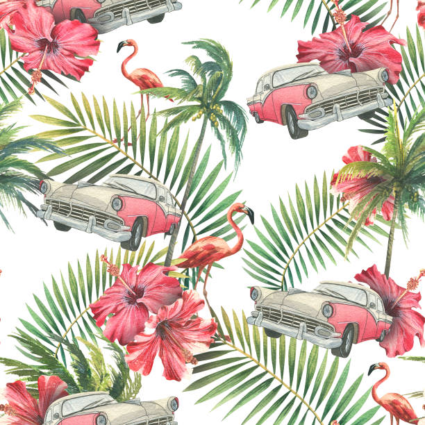 Tropical, seamless pattern with retro car, palm leaves, palm trees, pink flamingo and hibiscus flowers. Watercolor illustration from a large CUBA set. For fabric, textiles, clothing, advertising, Tropical, seamless pattern with retro car, palm leaves, palm trees, pink flamingo and hibiscus flowers. Watercolor illustration from a large CUBA set. For fabric, textiles, clothing, advertising cuba illustrations stock illustrations
