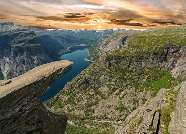 Trolltunga rock landscape mountain view, Norway.