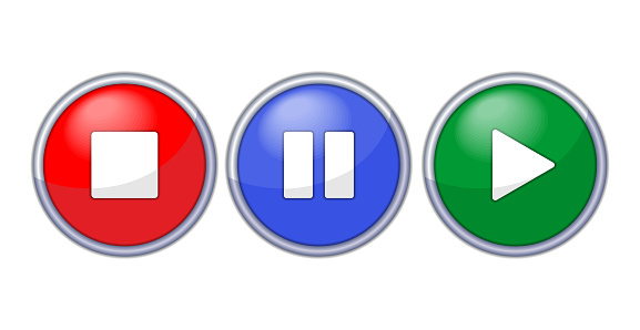 Realistic Stop, pause, start buttons for media player. Vector template for web design on transparent background
