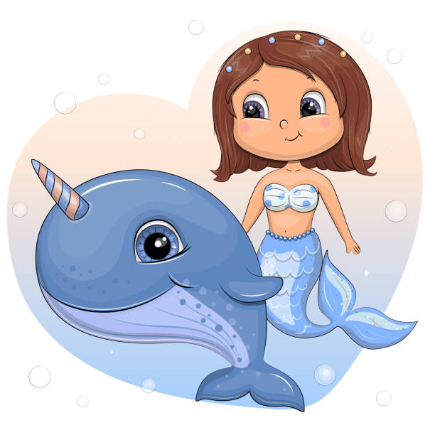 istock Cute cartoon narwhal with a mermaid. 1405471273