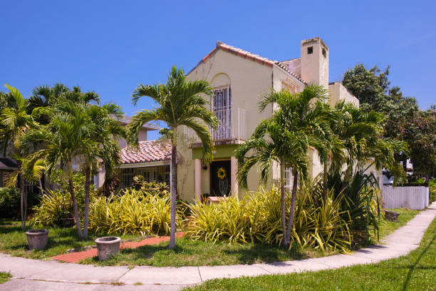 Miami, Florida - June 18, 2022: Vinatge home in the residential district of the hispanic influenced Little Havana area.