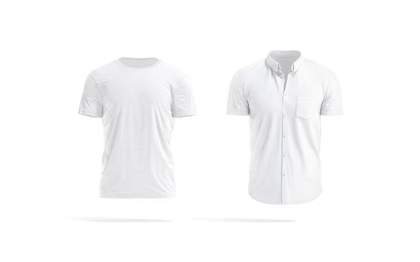 빈 흰색 티셔츠와 반소매 셔츠 모형, 정면보기 - 정장 셔츠 뉴스 사진 이미지