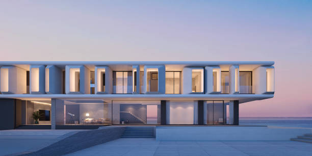 istock Front view of modern architecture with sea view background.3d rendering 1405474526