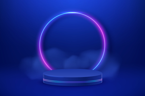 Empty podium with line gradient neon ring. Abstract scene with pink and blue neon glowing frame and smoke. Mockup scene. Geometry shape platform