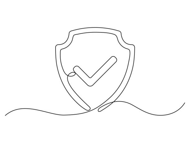 Shield with checkmark continuous line art. Shield with checkmark continuous line art. Protect linear symbol. Guard drawing sign. Vector isolated on white. continuous line drawing stock illustrations