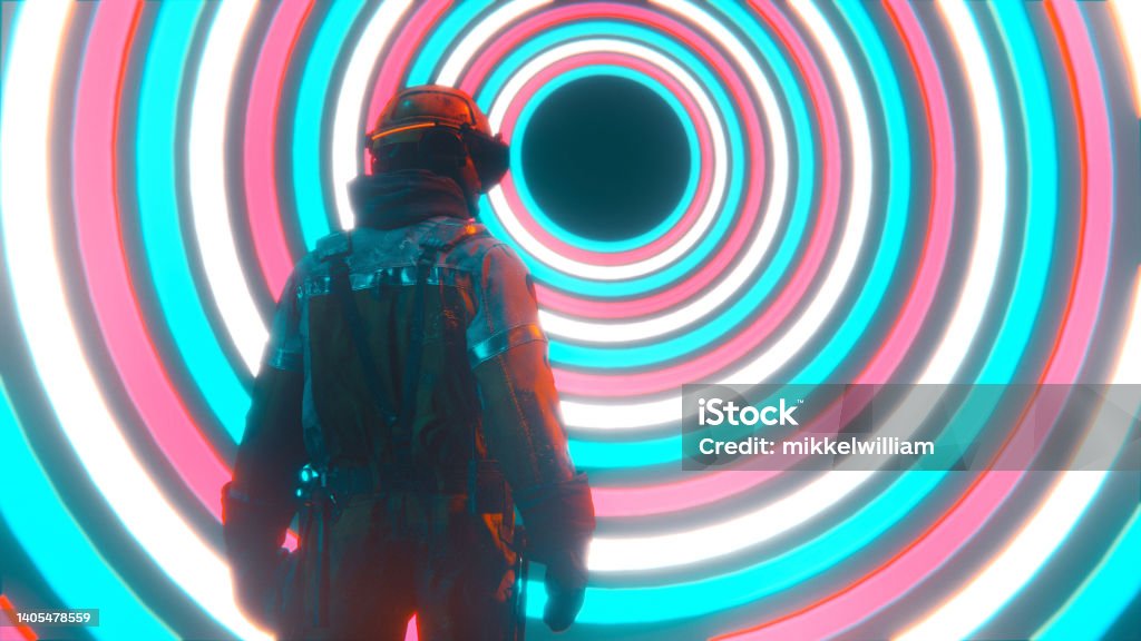 Futuristic access to portal or metaverse Man with headwear stands in front of spiral portal. Concept of the metaverse. Time Machine Stock Photo