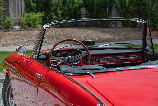Rozalin, Poland - 12 June, 2022:  Interior in a classic Fiat 1600 S Cabriolet. This vehicle is one of the rarest convertible vehicles from 60s.