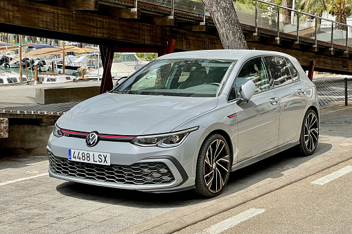 Alcudia, Spain - A Volkswagen Golf GTI Mk 8 car. The Volkswagen Golf has been produced by the German automotive manufacturer Volkswagen since 1974.