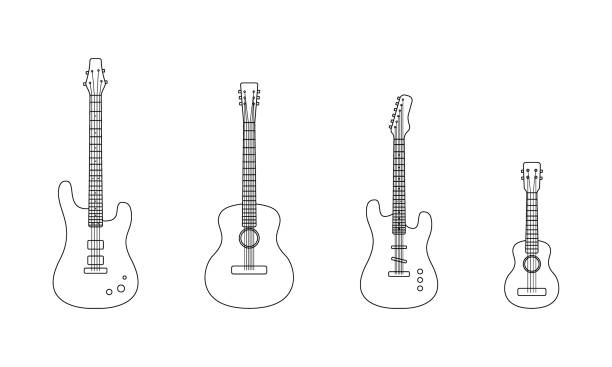 illustrazioni stock, clip art, cartoni animati e icone di tendenza di set di chitarre di contorno. acustico, elettrico, basso e ukulele isolati su fondo bianco - guitar electric guitar modern rock metal