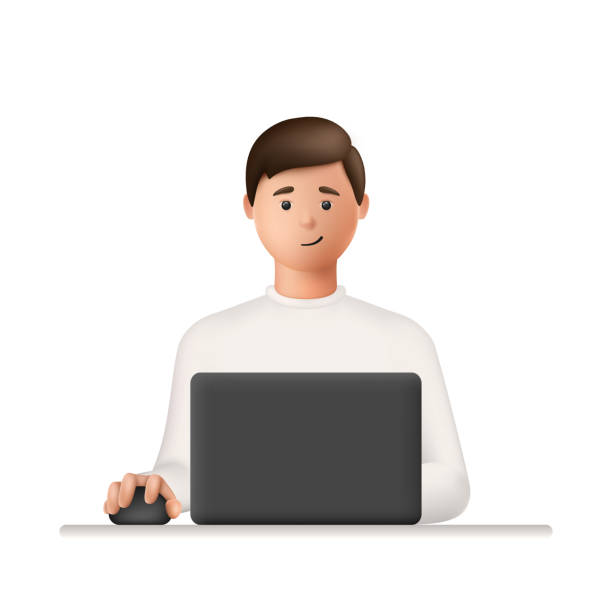 ilustrações de stock, clip art, desenhos animados e ícones de 3d character. man working and studying on laptop computer - young men illustrations