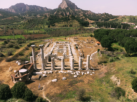 Aerial view of Sardes temple of artemis ruins in Manisa Turkey.