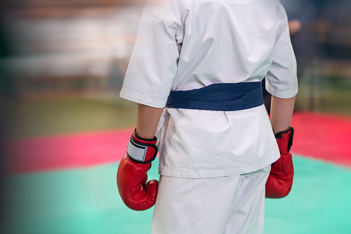 Karate athlete on the mat before the fight. Martial arts background with film noise effect and motion blur.