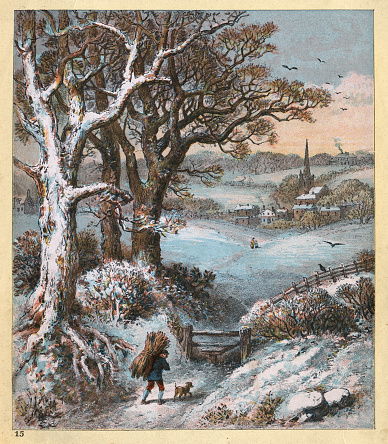 Vintage illustration, Victorian English winter landscape, countryside covered in snow, man collecting firewood, 19th Century