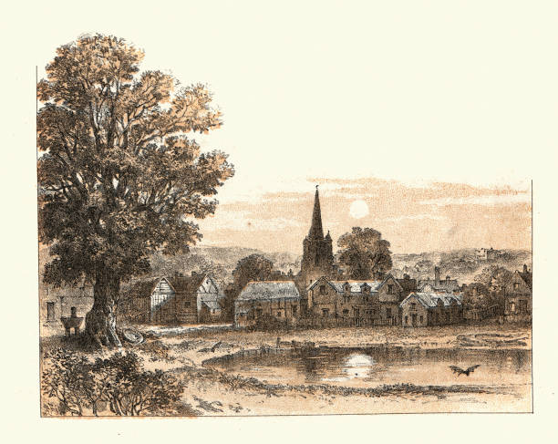 Victorian English village landscape, summer, pond, church steeple, 19th Century vector art illustration