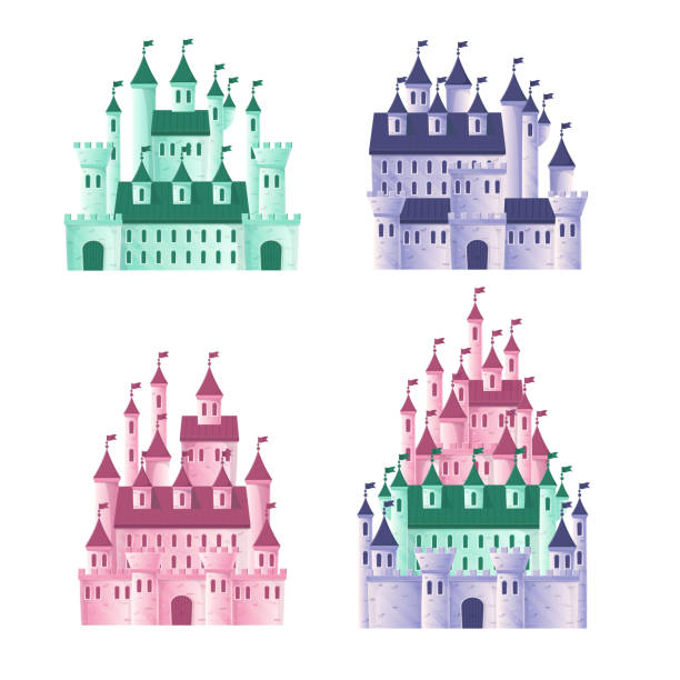 흰색 배경에 어린이 동화 성곽. 플랫 만화 벡터 일러스트레이션. - castle fairy tale palace forest stock illustrations