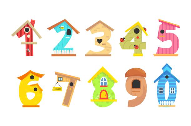 kindliche zahlen vogelhaus design sammlung vektor kinder elementare zählung lernen mathematik - birdhouse wood isolated white background stock-grafiken, -clipart, -cartoons und -symbole